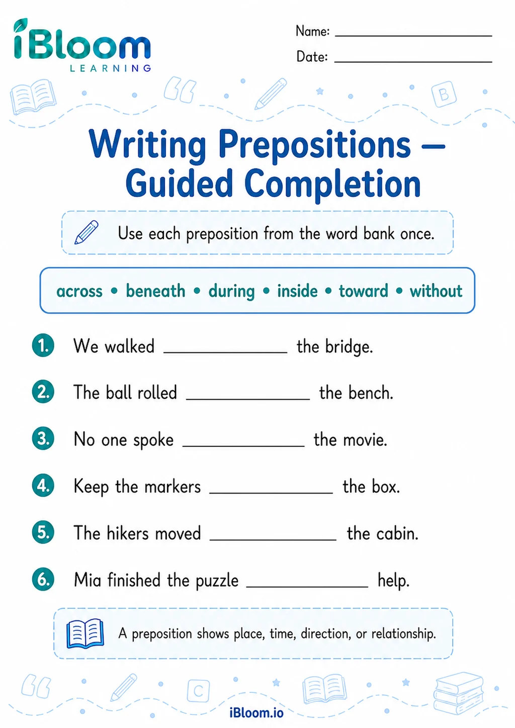 Writing Prepositions — Guided Completion printable Grade 4 worksheet preview