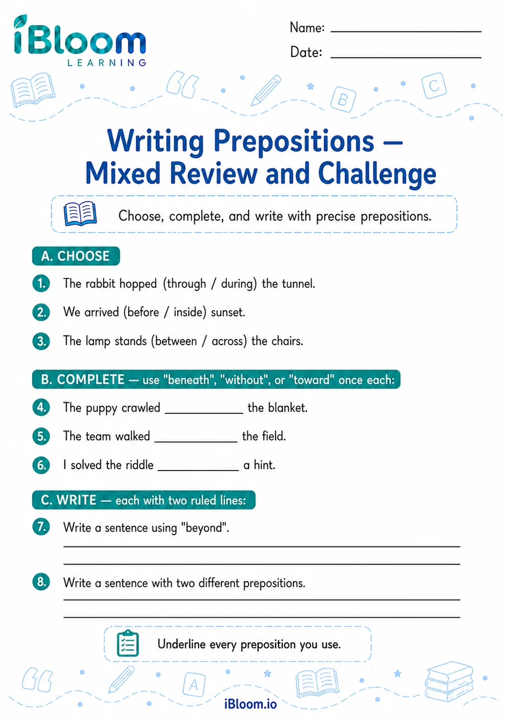 Preview page 1 of Writing Prepositions — Mixed Review and Challenge