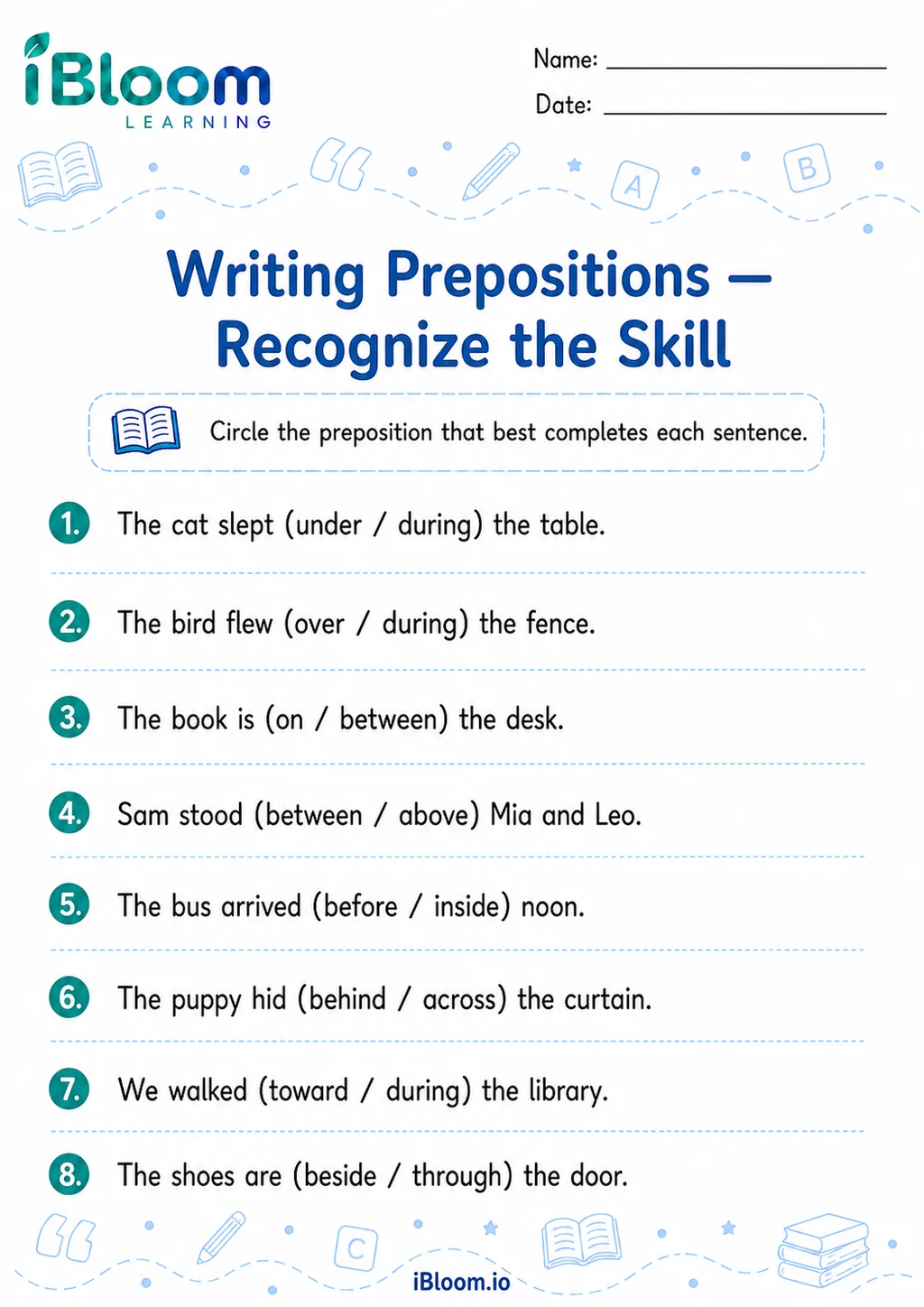 Preview of Writing Prepositions — Recognize the Skill worksheet