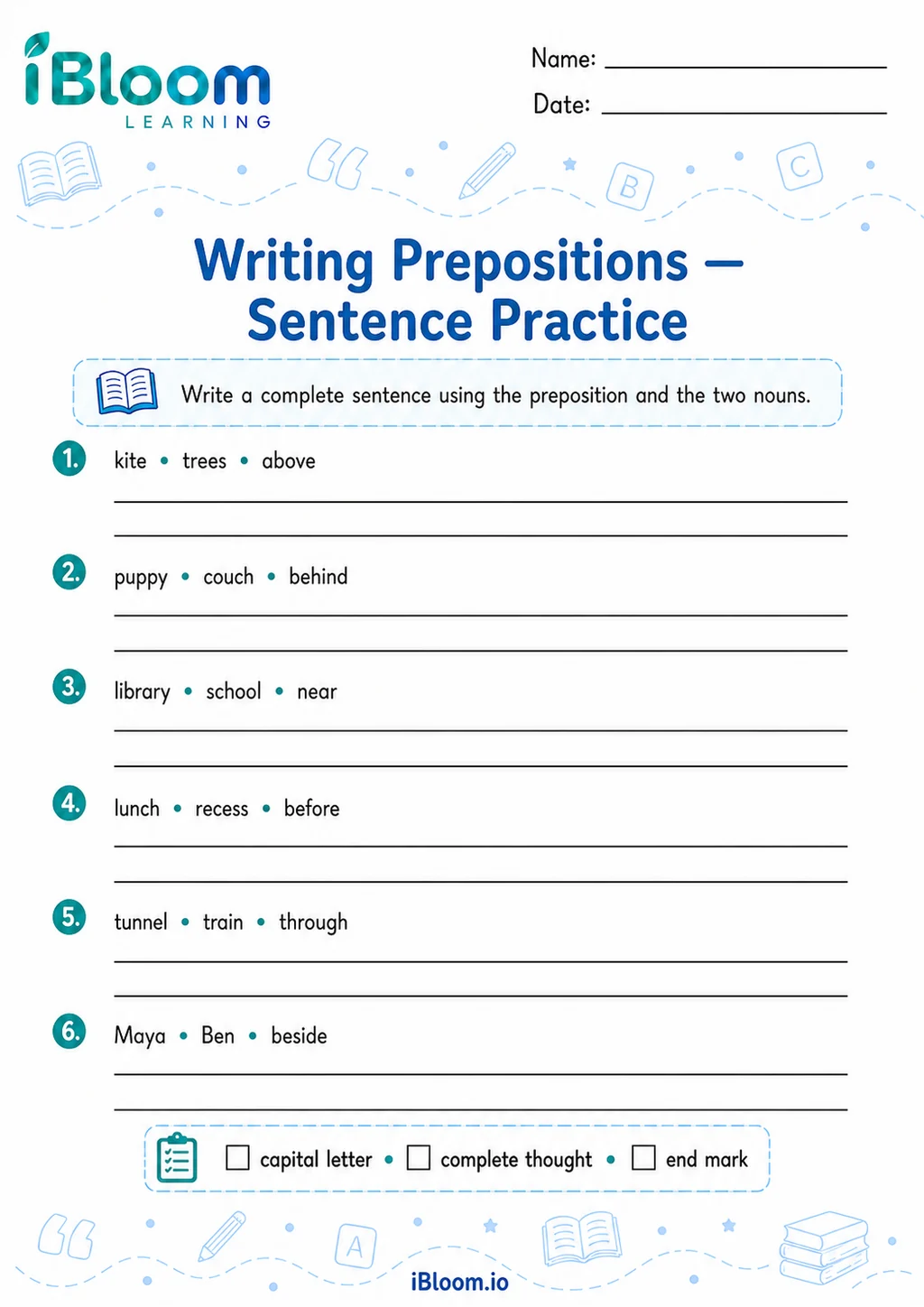 Preview of Writing Prepositions — Sentence Practice worksheet