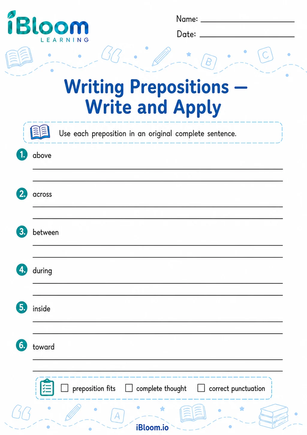 Preview page 1 of Writing Prepositions — Write and Apply
