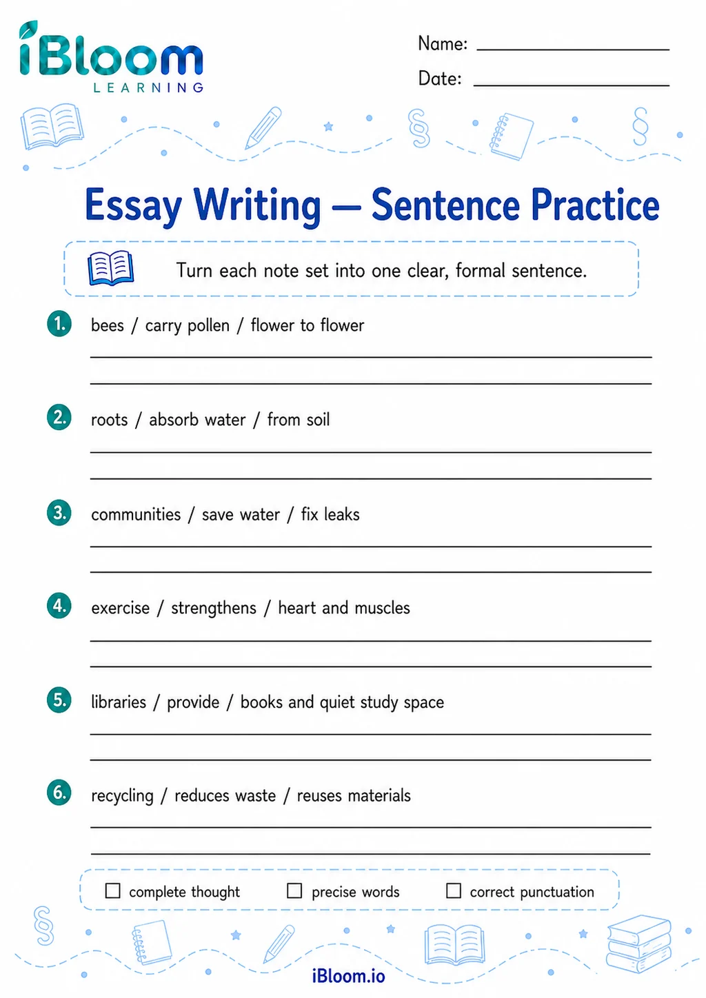 Preview page 1 of Essay Writing — Sentence Practice