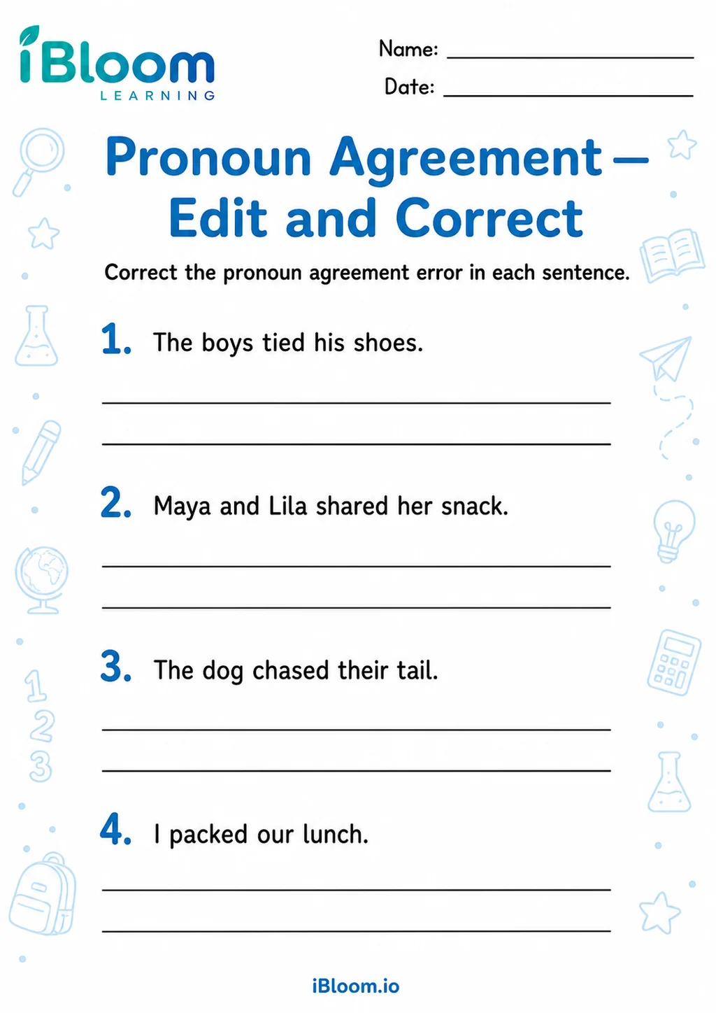 Preview of Pronoun Agreement — Edit and Correct worksheet