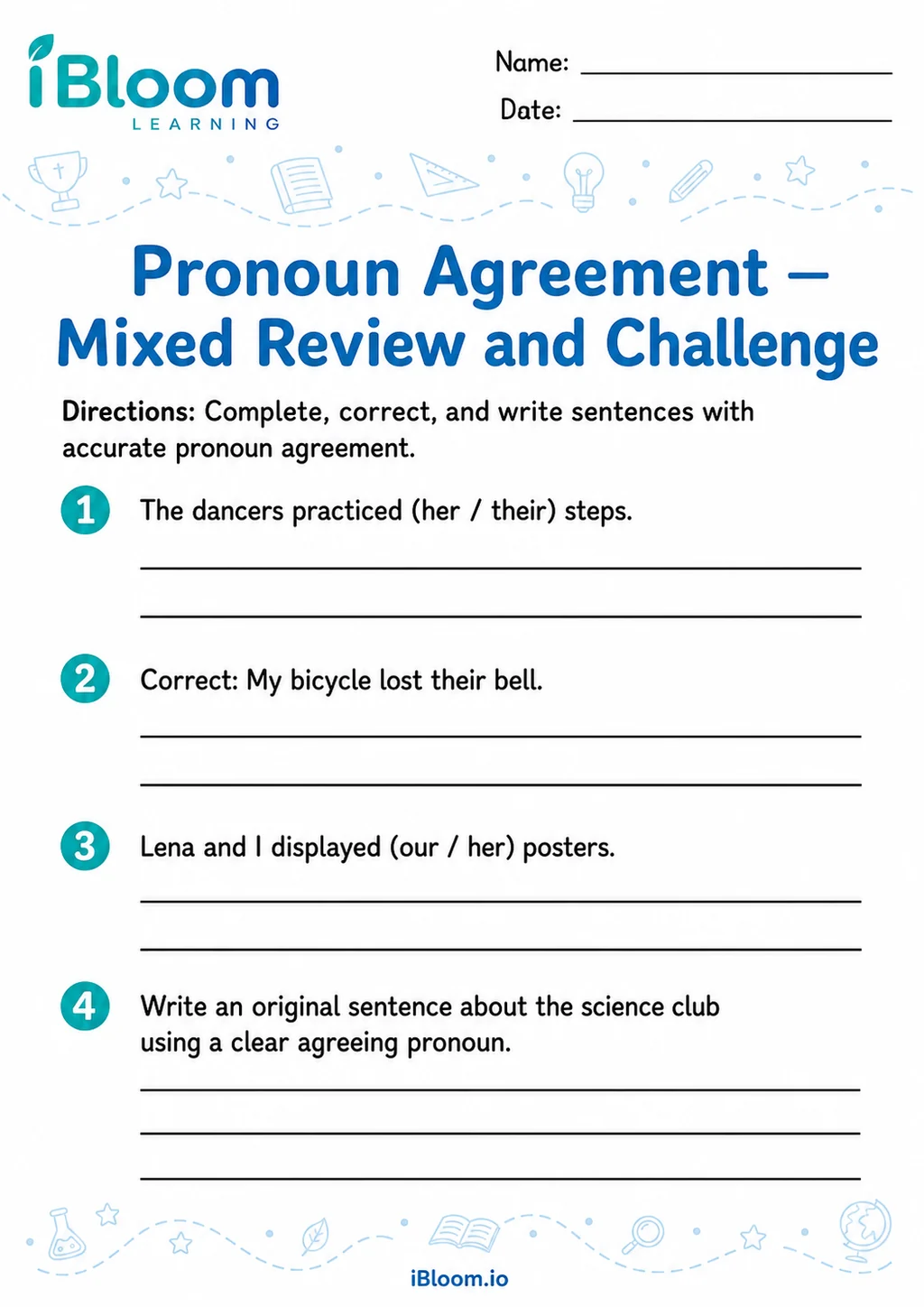 Preview of Pronoun Agreement — Mixed Review and Challenge worksheet