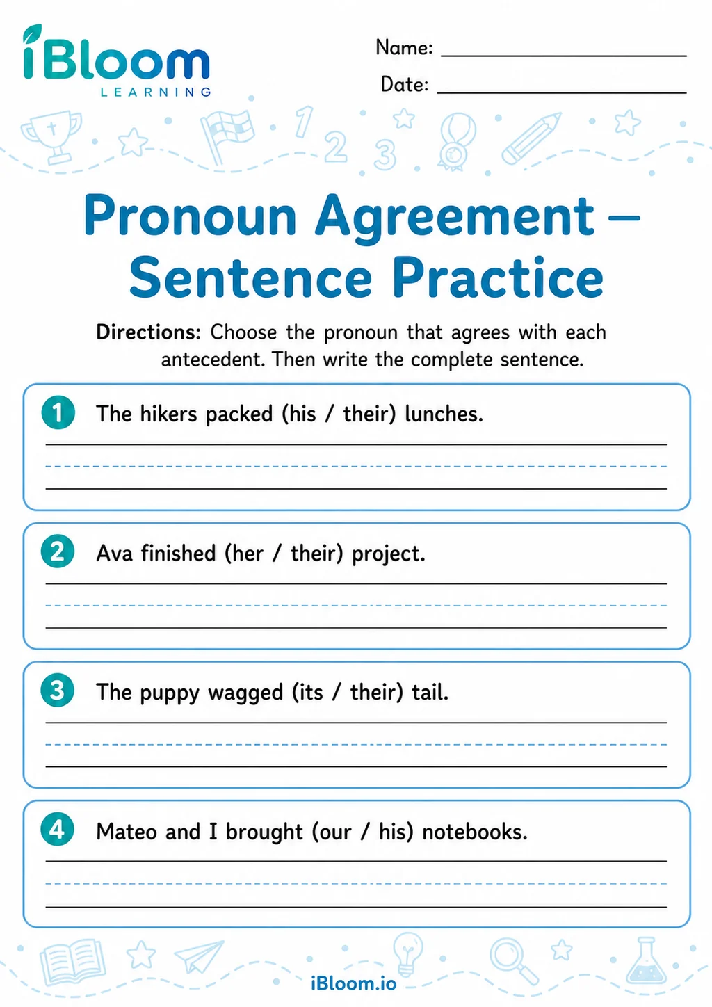 Preview page 1 of Pronoun Agreement — Sentence Practice