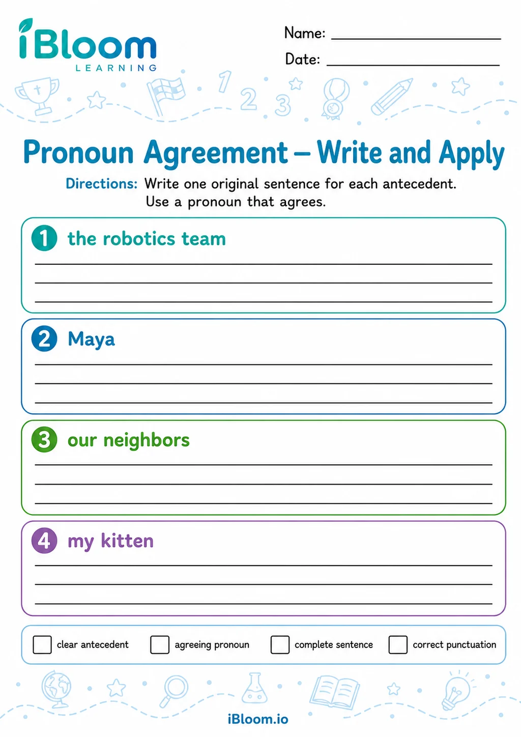Preview page 1 of Pronoun Agreement — Write and Apply