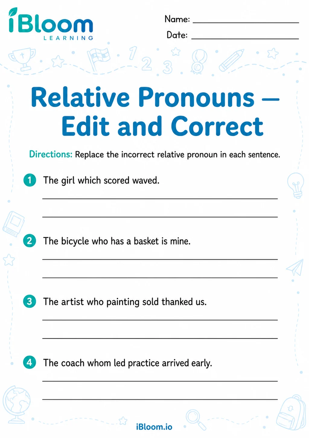 Preview page 1 of Relative Pronouns — Edit and Correct