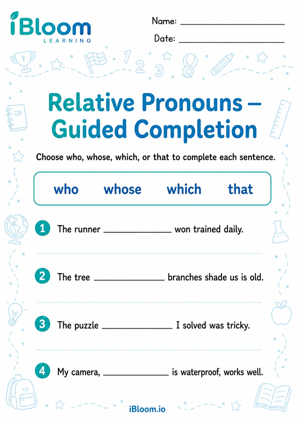 Relative Pronouns — Guided Completion printable Grade 4 worksheet preview