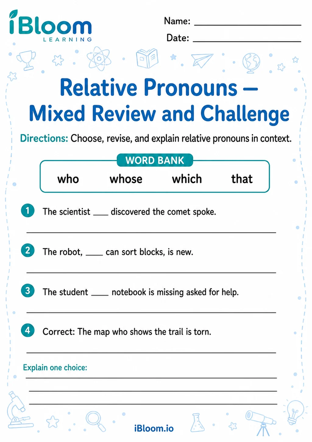 Preview of Relative Pronouns — Mixed Review and Challenge worksheet