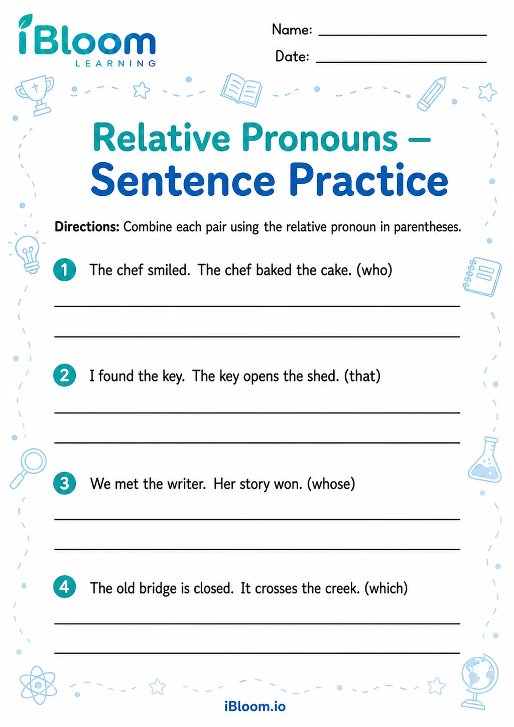 Preview of Relative Pronouns — Sentence Practice worksheet