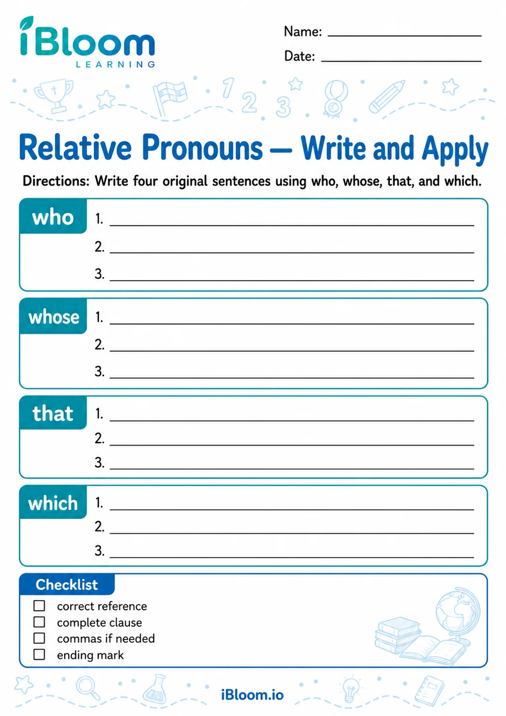 Preview page 1 of Relative Pronouns — Write and Apply