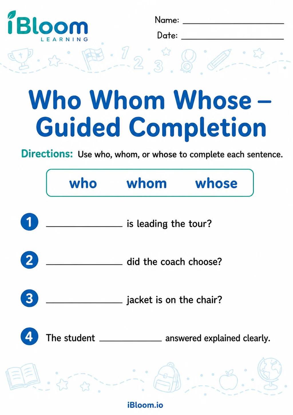Preview page 1 of Who Whom Whose — Guided Completion