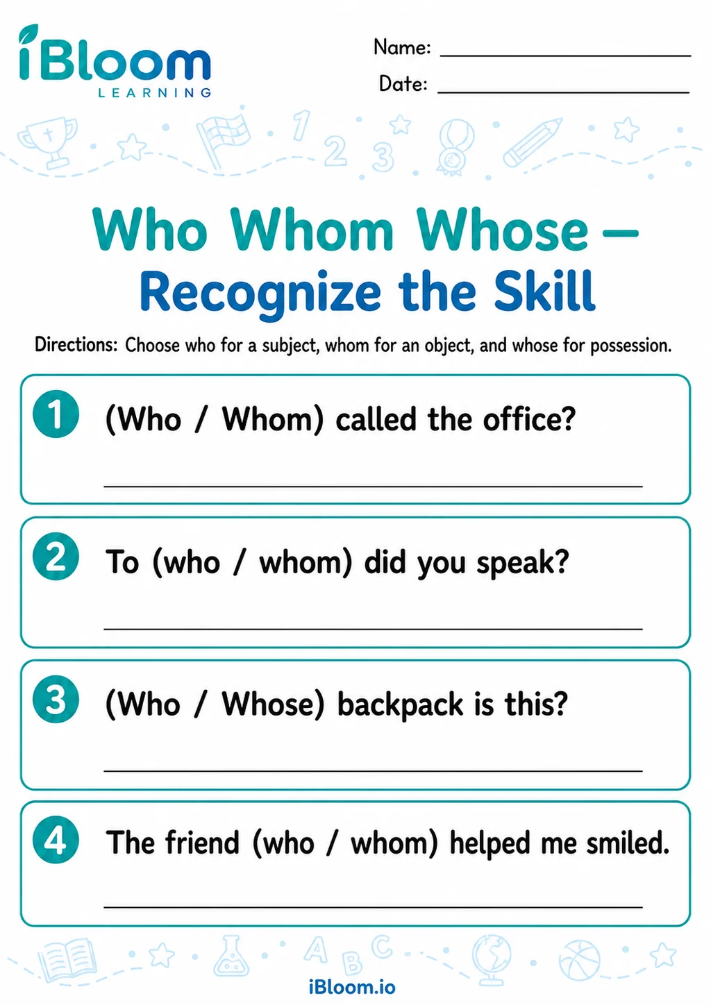 Preview page 1 of Who Whom Whose — Recognize the Skill