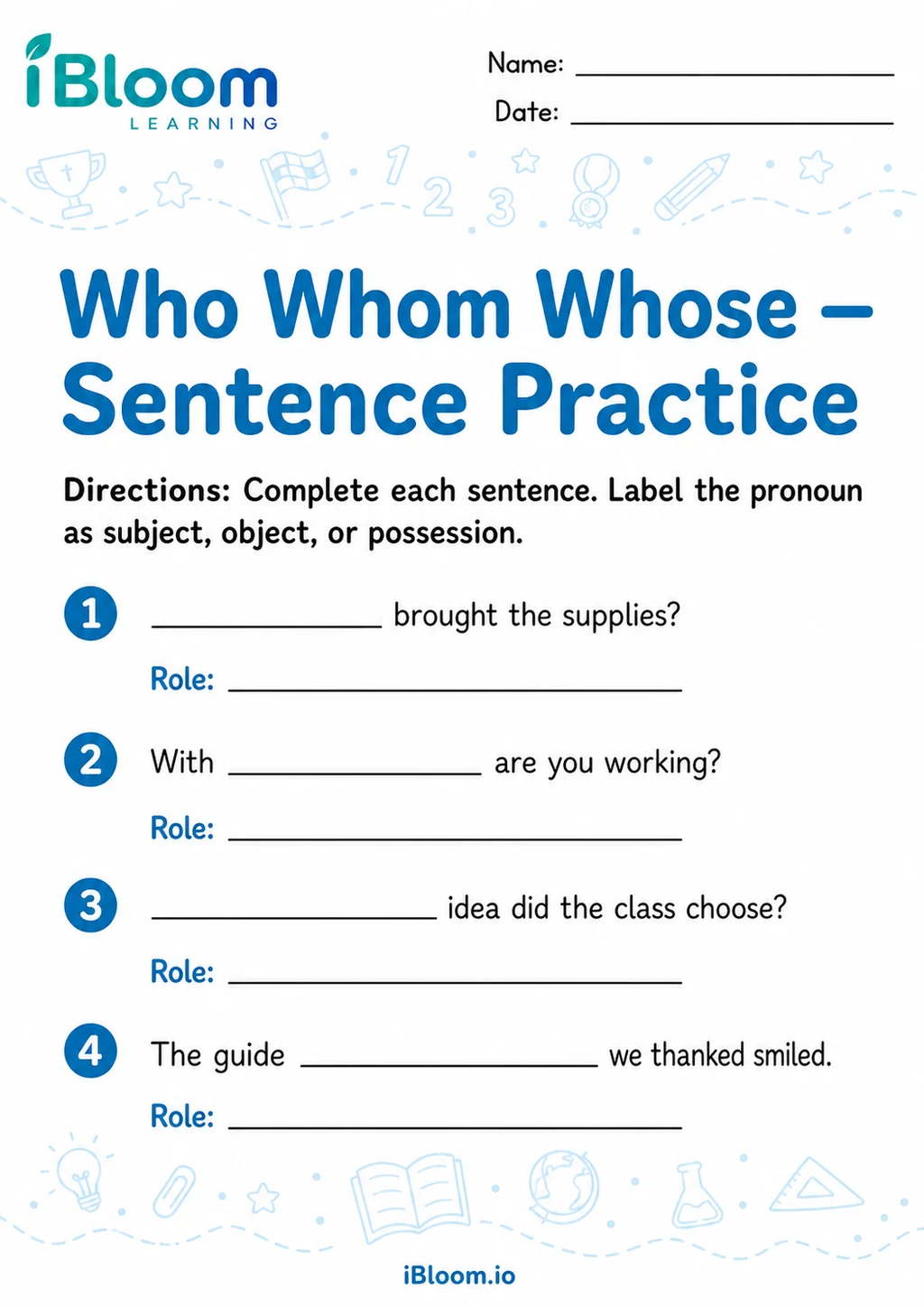 Preview page 1 of Who Whom Whose — Sentence Practice