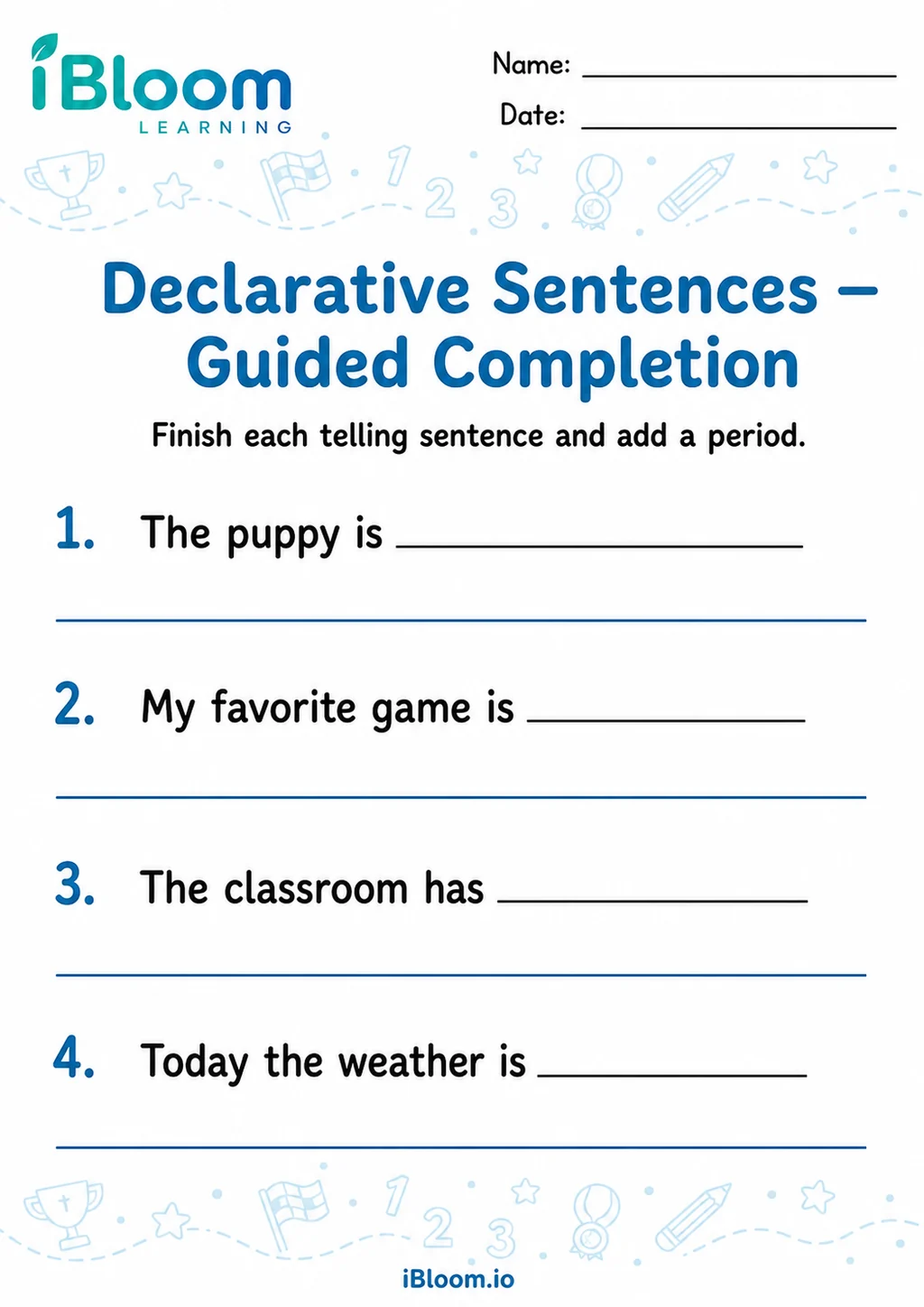 Preview page 1 of Declarative Sentences — Guided Completion
