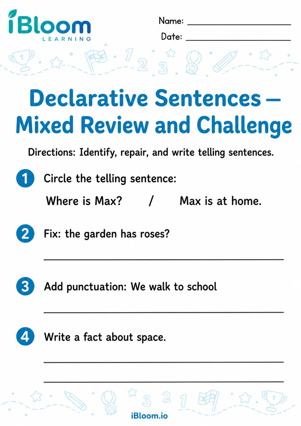 Preview page 1 of Declarative Sentences — Mixed Review and Challenge