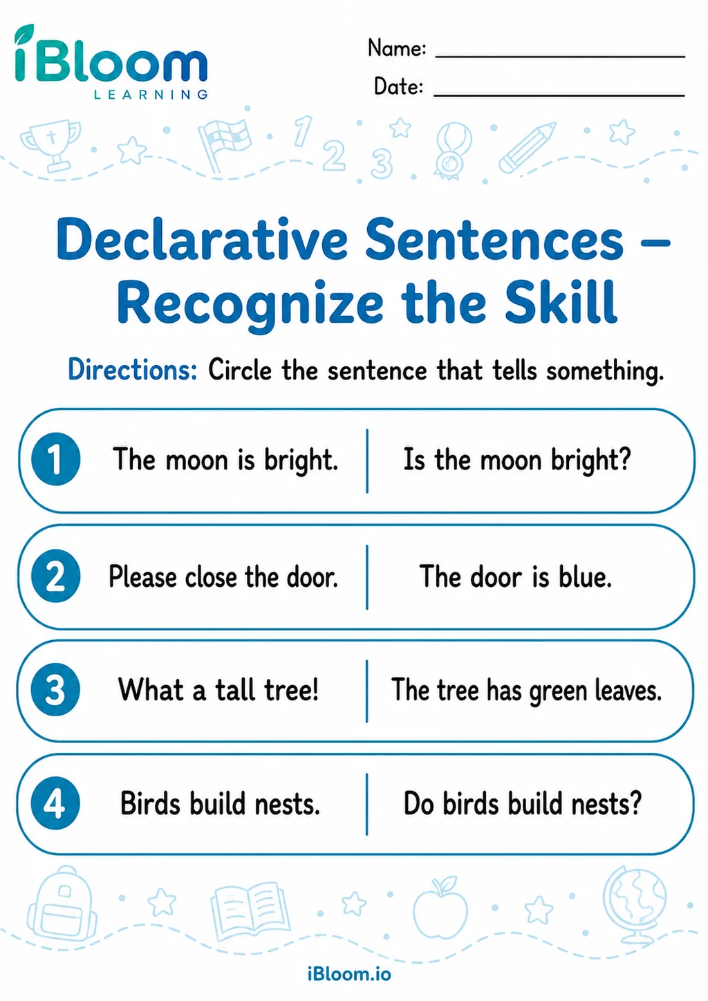 Preview page 1 of Declarative Sentences — Recognize the Skill