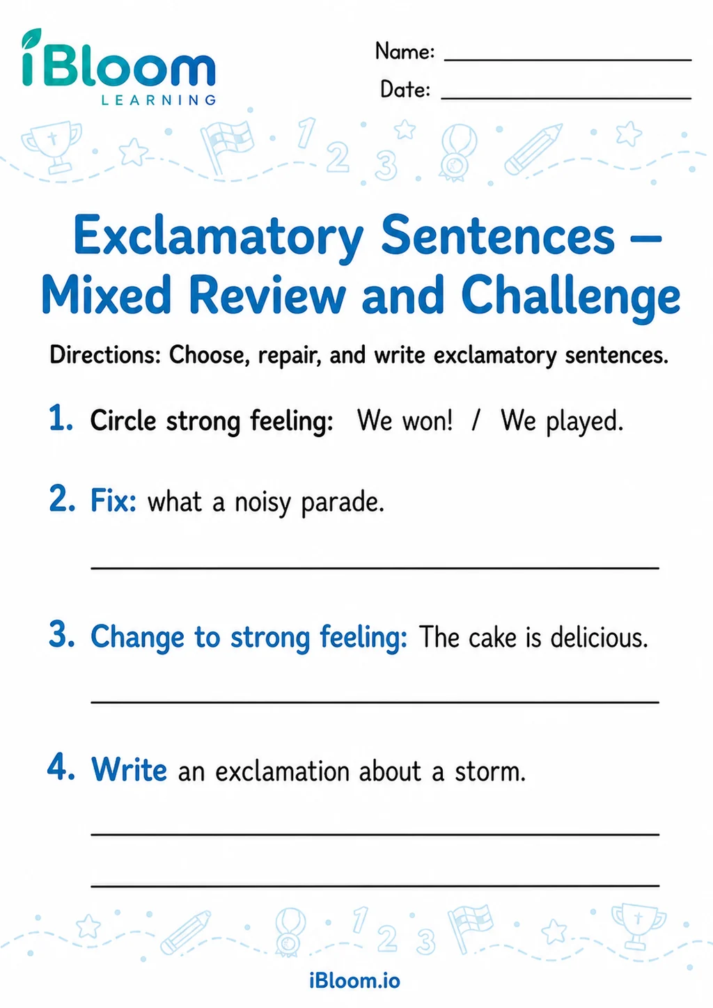 Preview of Exclamatory Sentences — Mixed Review and Challenge worksheet