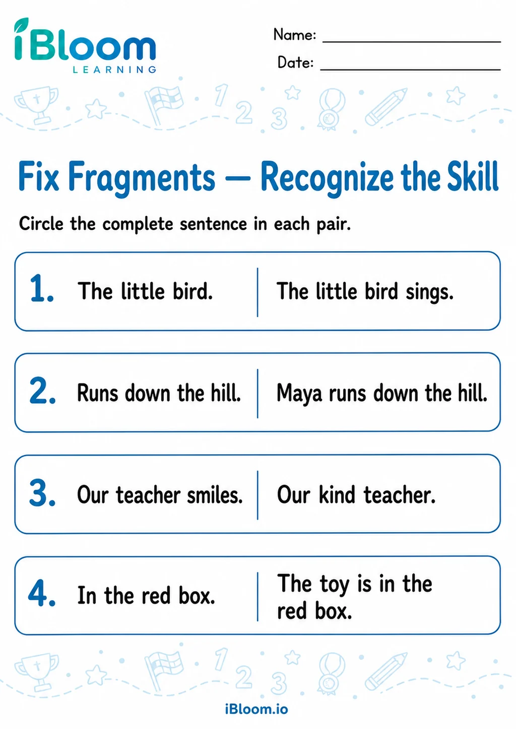 Fix Fragments — Recognize the Skill printable Grade 2 worksheet preview