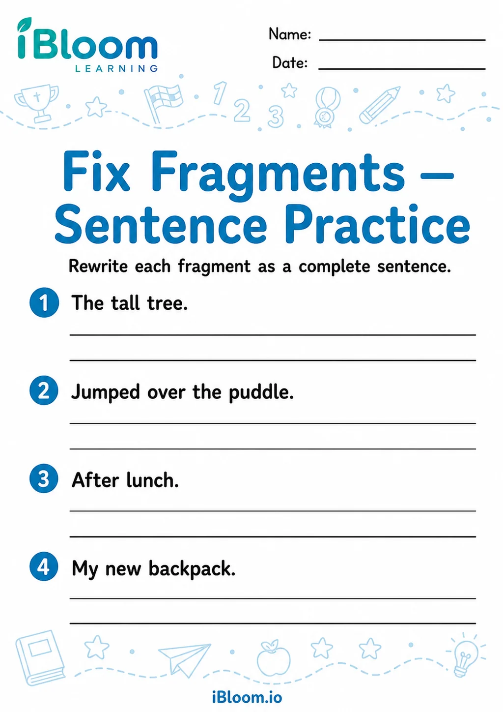 Preview of Fix Fragments — Sentence Practice worksheet