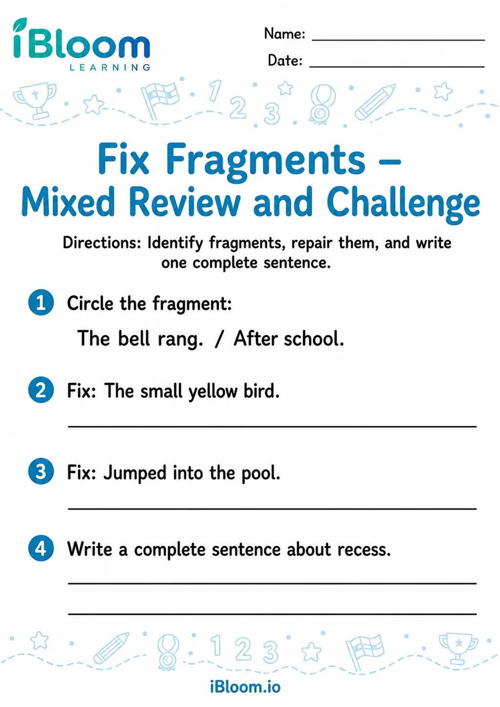 Preview of Fix Fragments — Mixed Review and Challenge worksheet