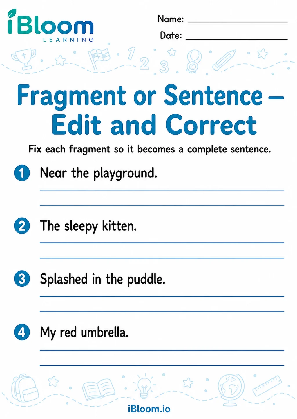 Preview of Fragment Or Sentence — Edit and Correct worksheet