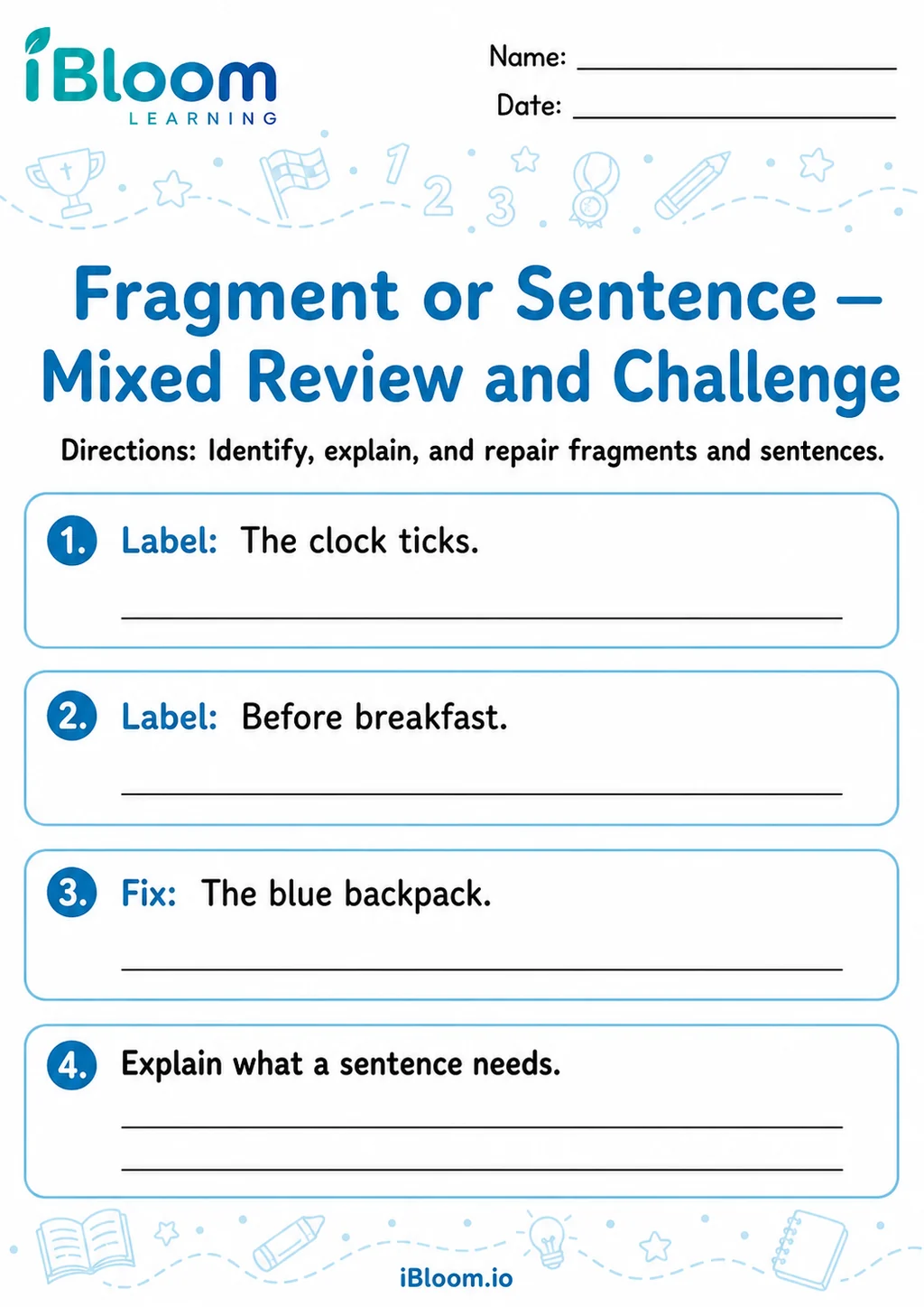 Preview of Fragment Or Sentence — Mixed Review and Challenge worksheet