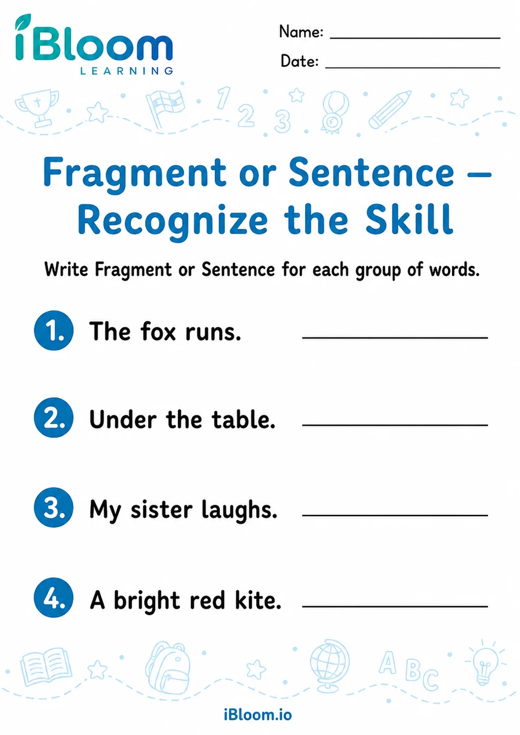 Preview page 1 of Fragment Or Sentence — Recognize the Skill