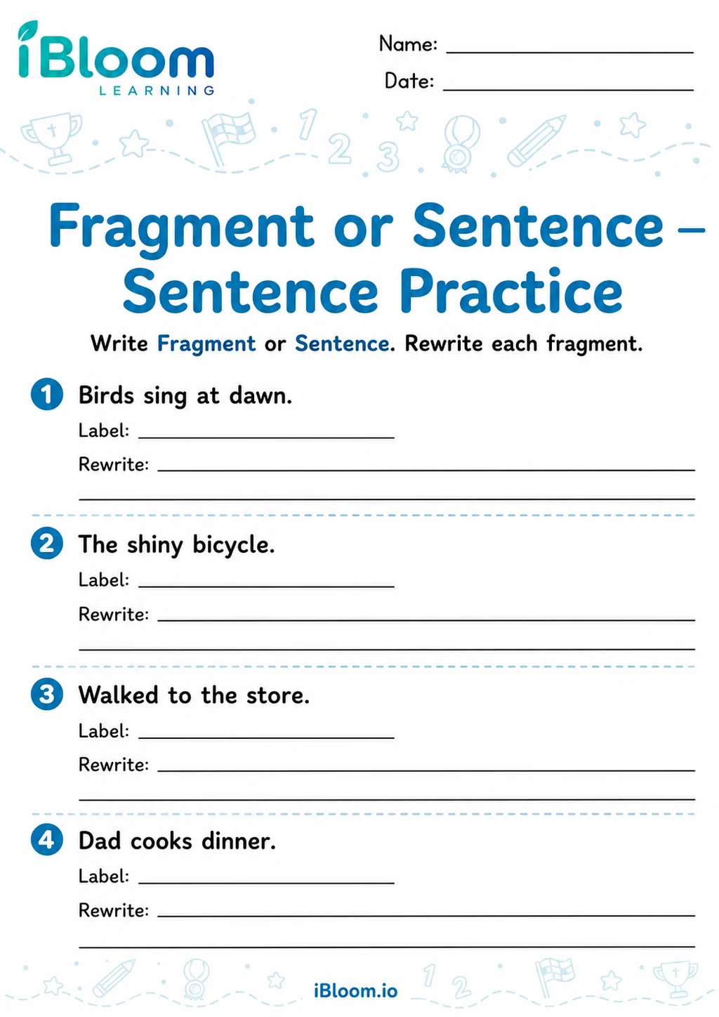 Preview of Fragment Or Sentence — Sentence Practice worksheet