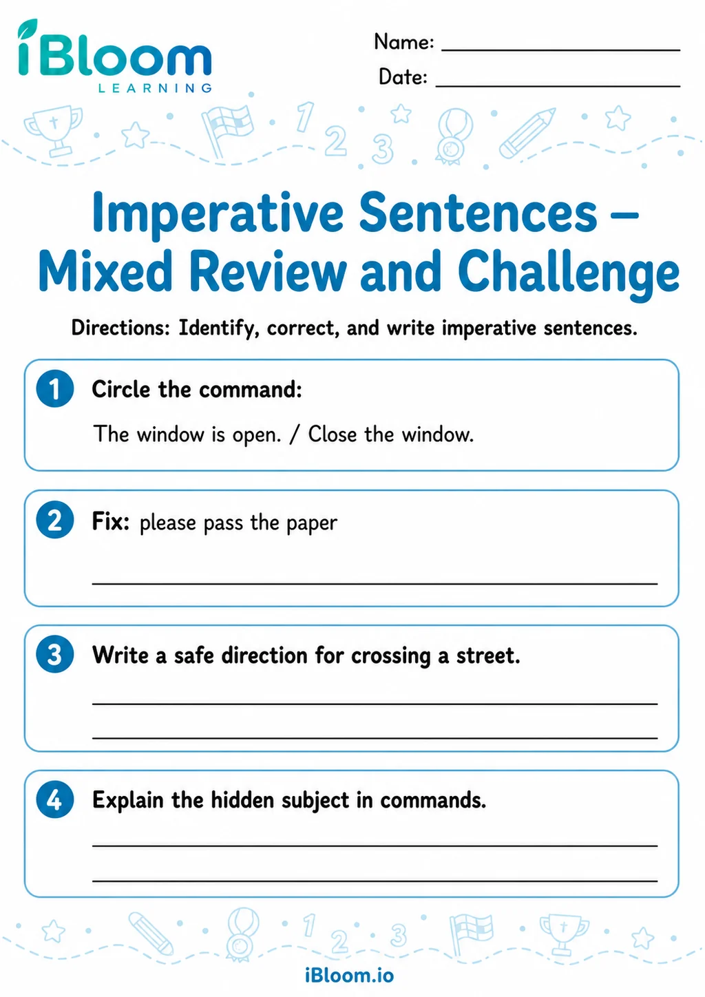 Preview page 1 of Imperative Sentences — Mixed Review and Challenge