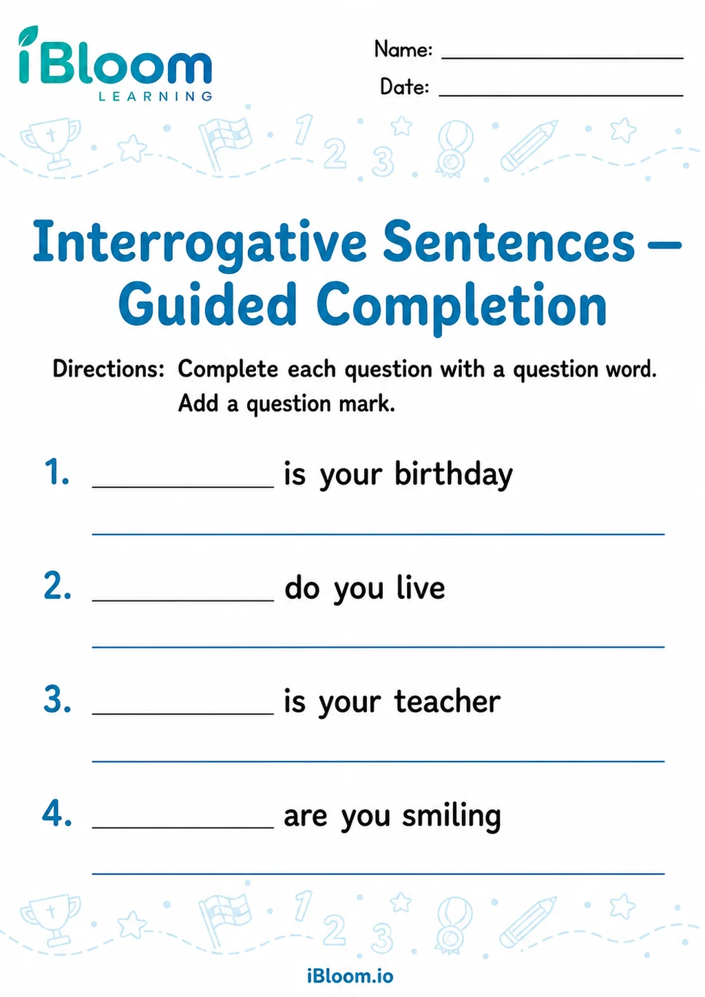 Preview of Interrogative Sentences — Guided Completion worksheet