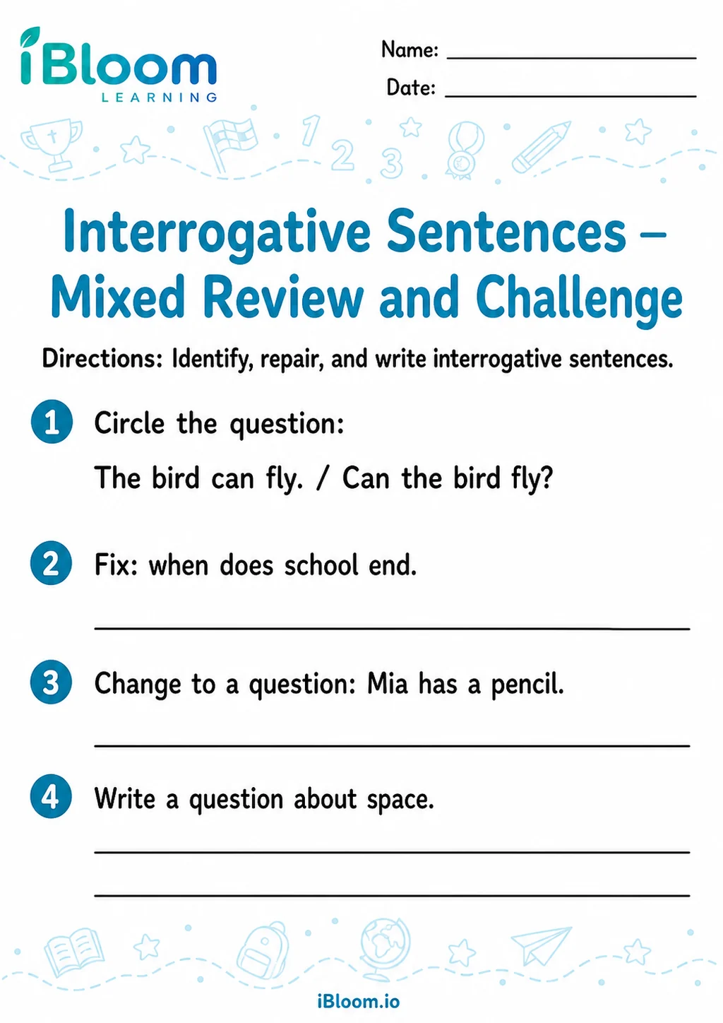 Preview of Interrogative Sentences — Mixed Review and Challenge worksheet