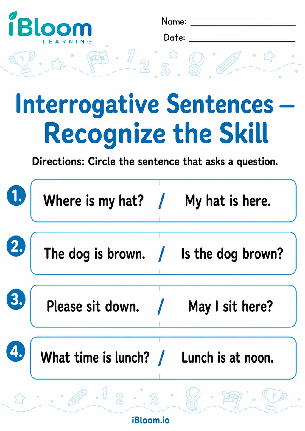 Preview page 1 of Interrogative Sentences — Recognize the Skill