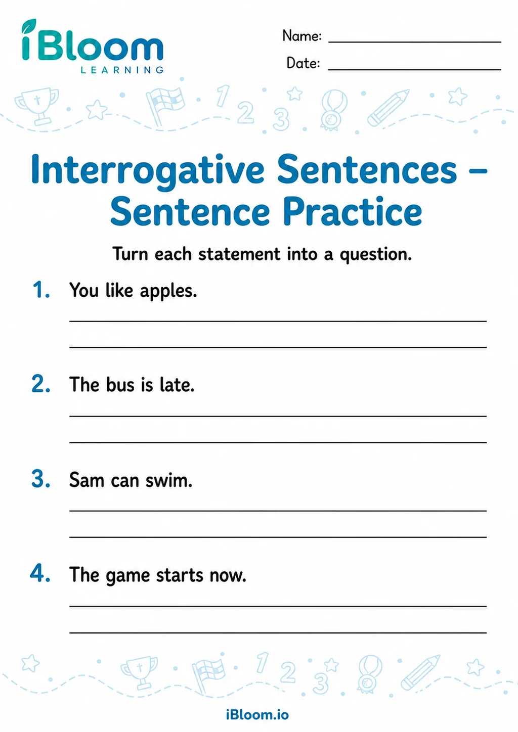 Preview of Interrogative Sentences — Sentence Practice worksheet
