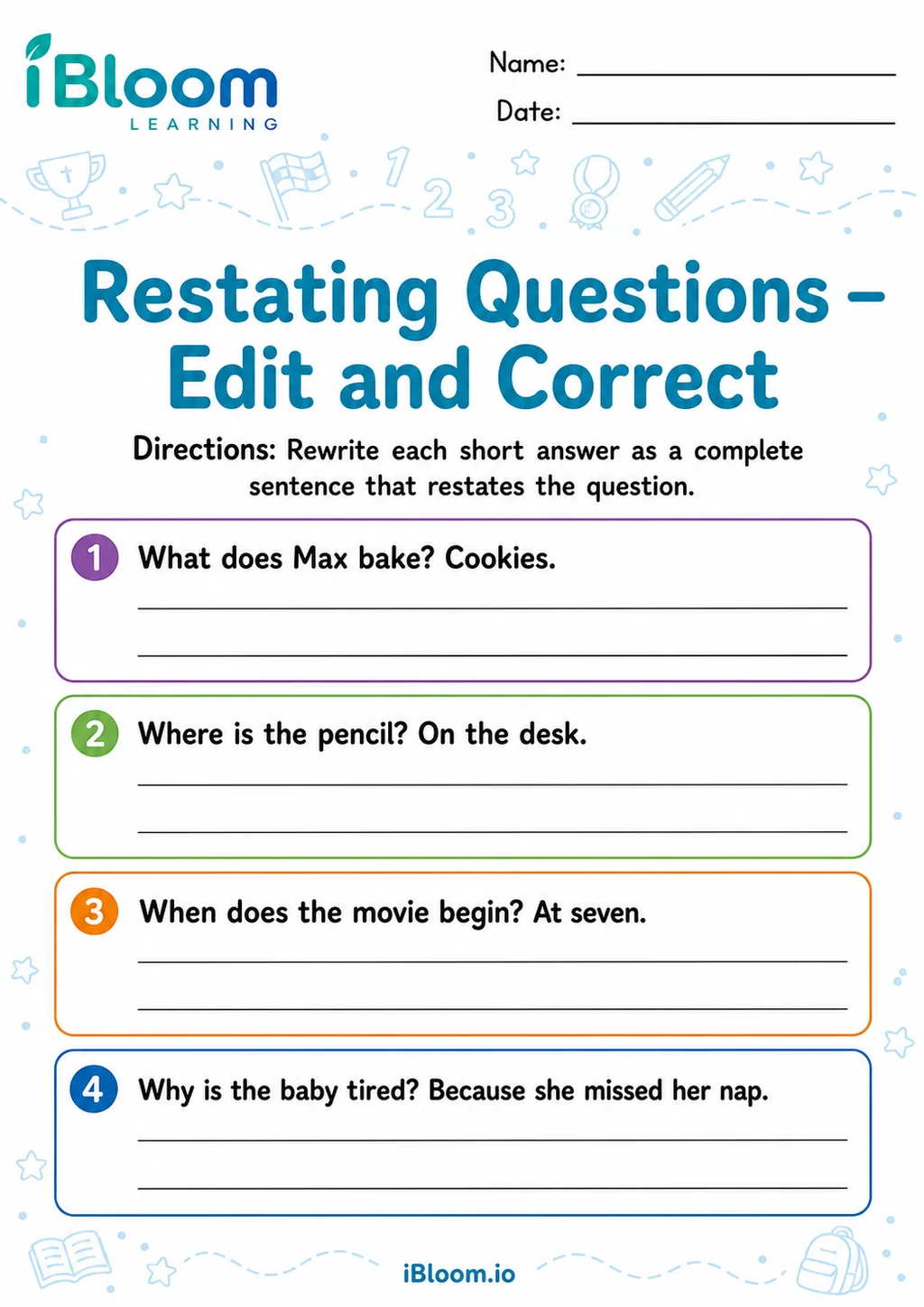 Preview of Restating Questions — Edit and Correct worksheet