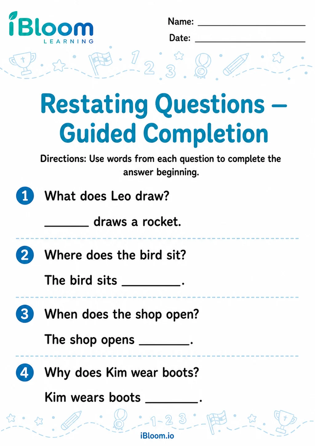 Preview of Restating Questions — Guided Completion worksheet
