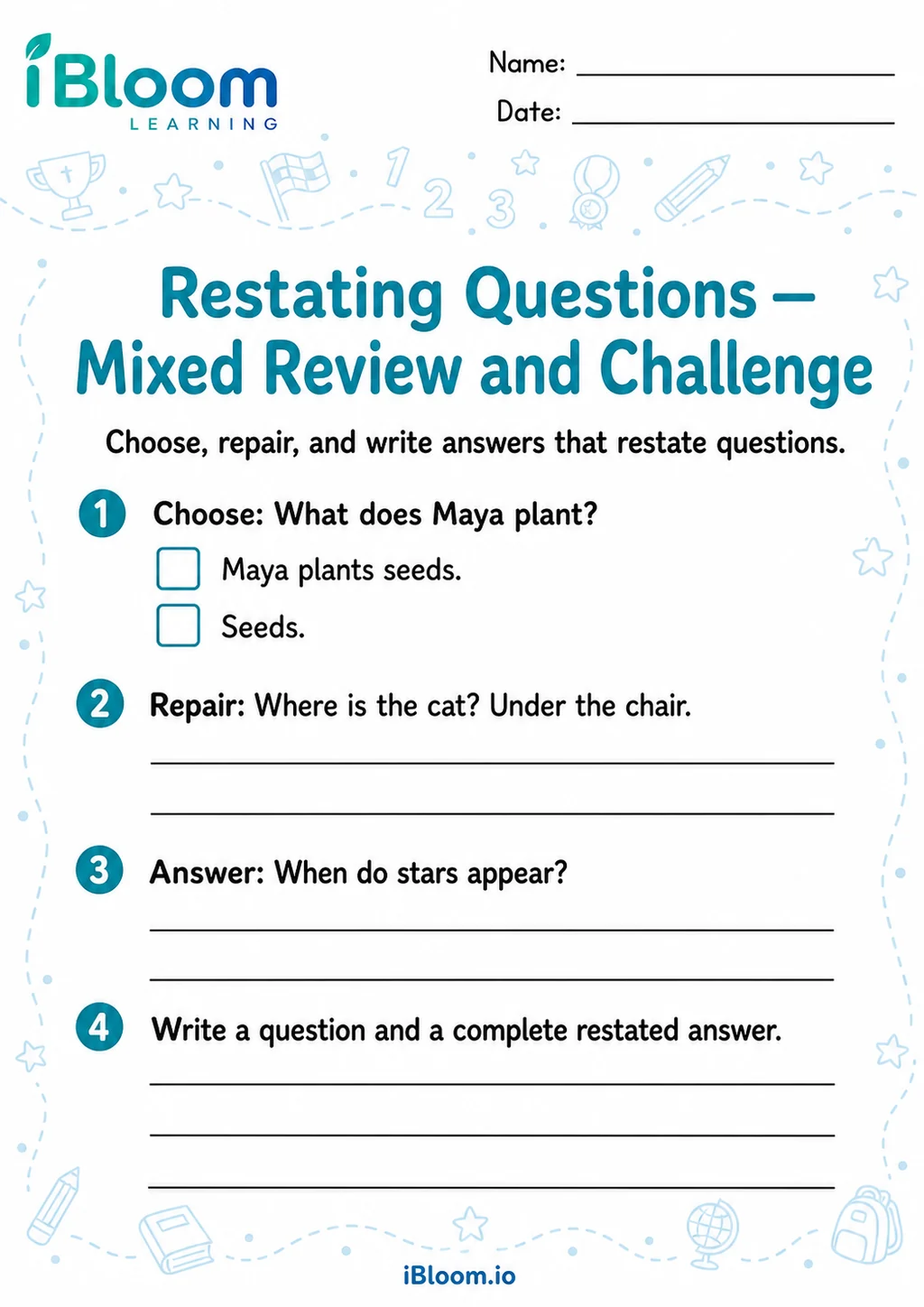 Preview page 1 of Restating Questions — Mixed Review and Challenge