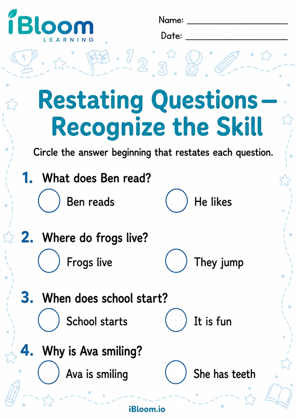 Preview page 1 of Restating Questions — Recognize the Skill