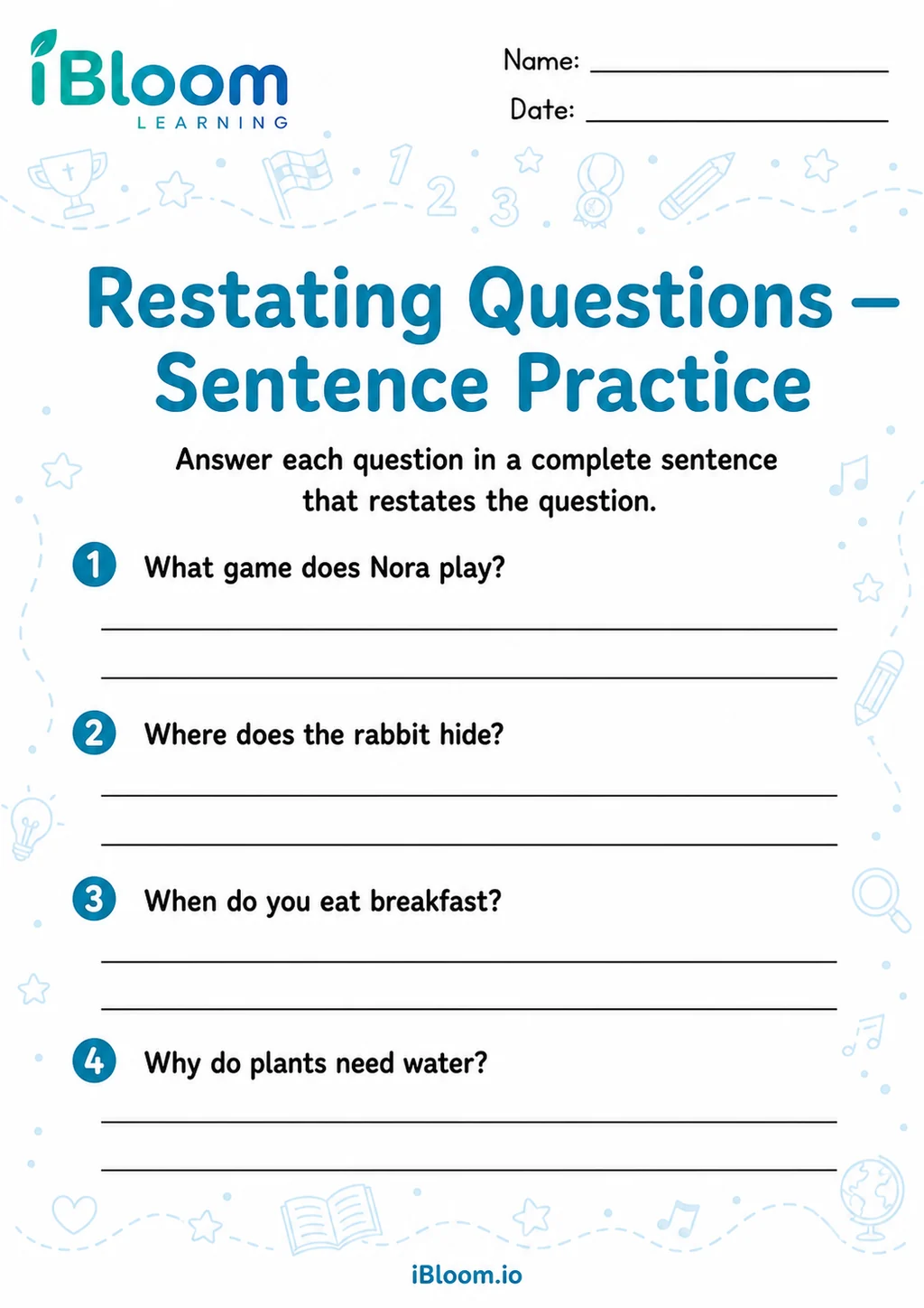 Preview of Restating Questions — Sentence Practice worksheet