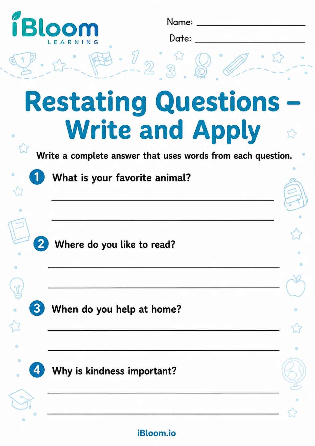 Preview page 1 of Restating Questions — Write and Apply