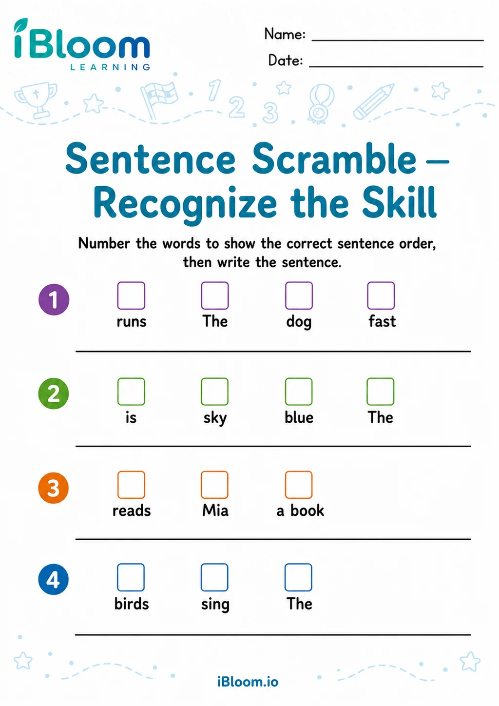 Sentence Scramble — Recognize the Skill printable Grade 2 worksheet preview