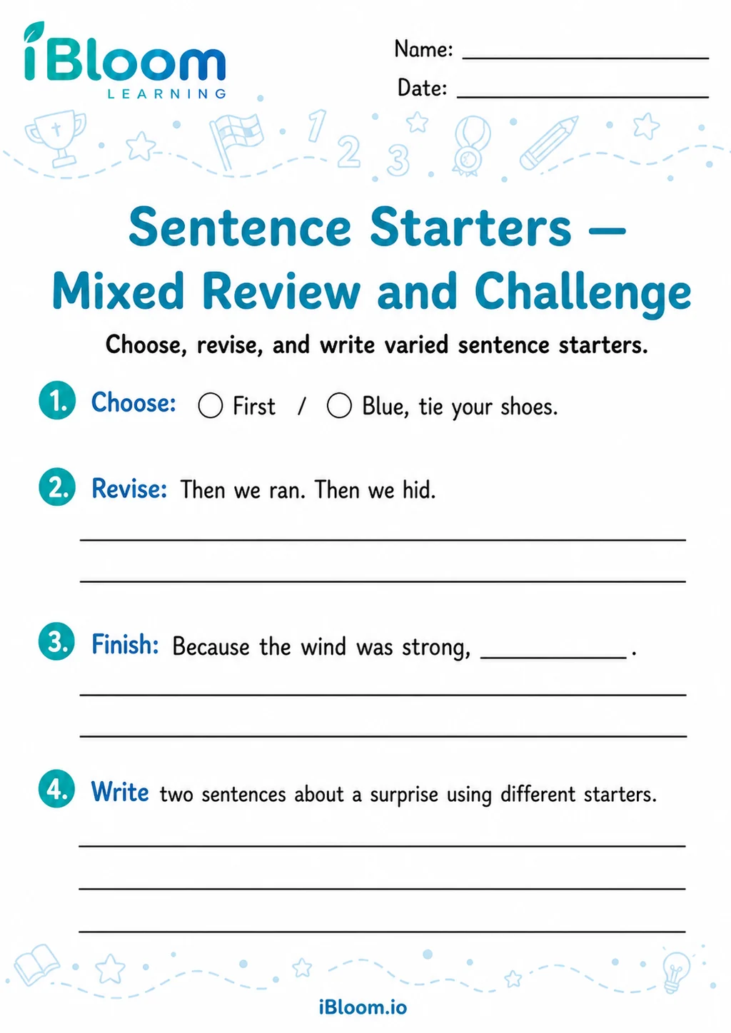 Preview page 1 of Sentence Starters — Mixed Review and Challenge