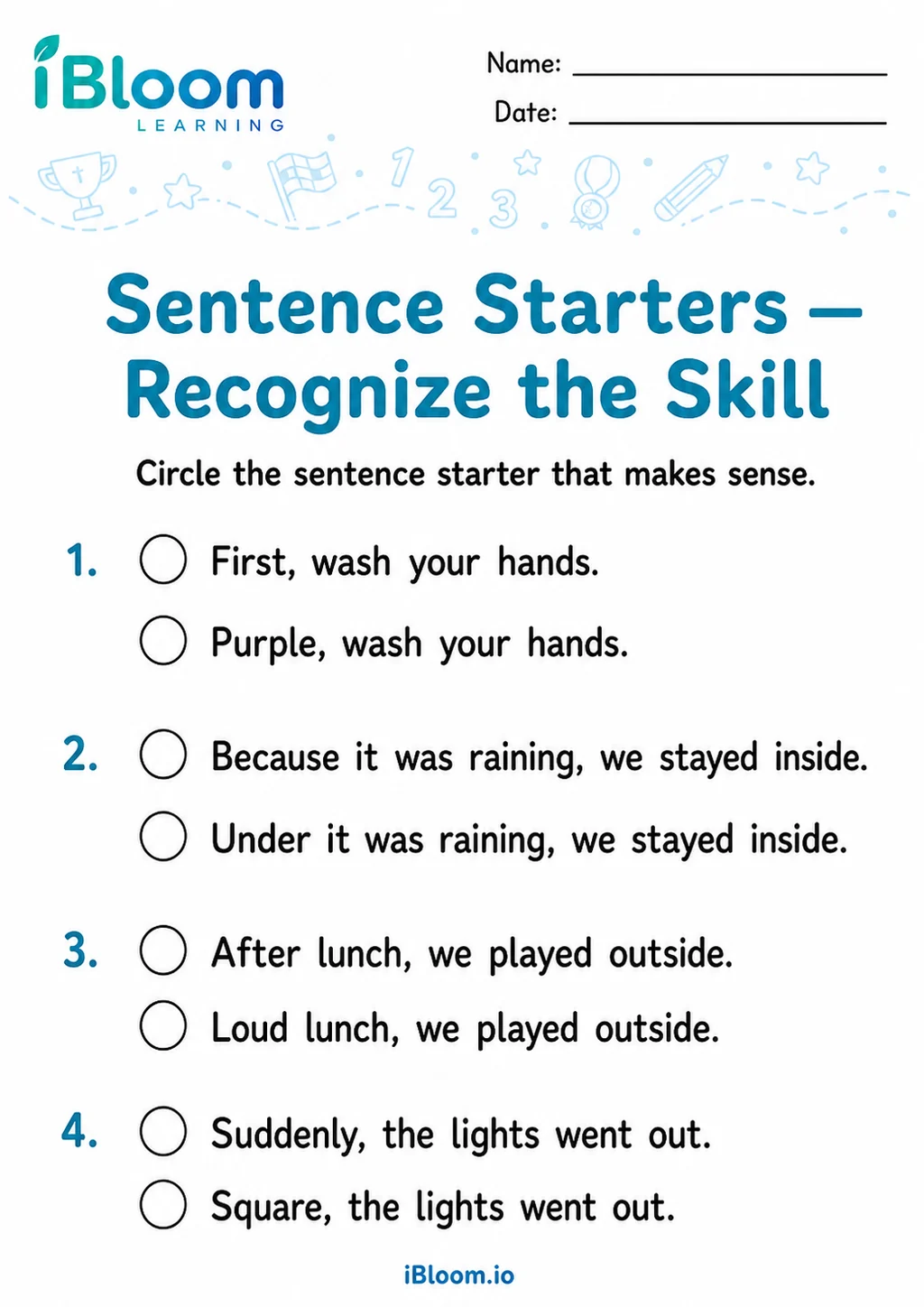 Sentence Starters — Recognize the Skill printable Grade 2 worksheet preview