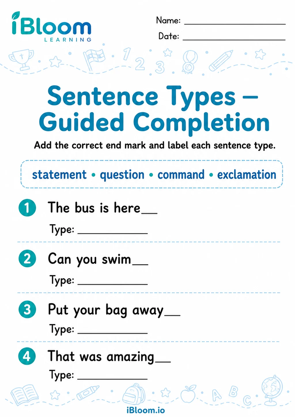 Preview page 1 of Sentence Types — Guided Completion