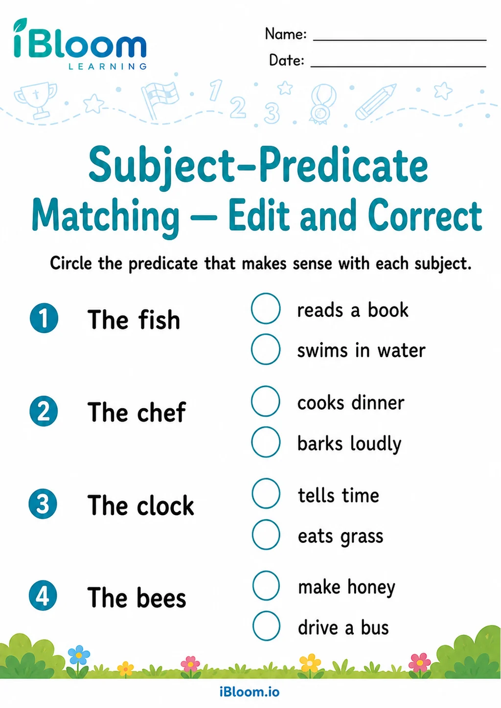 Preview of Subject Predicate Matching — Edit and Correct worksheet