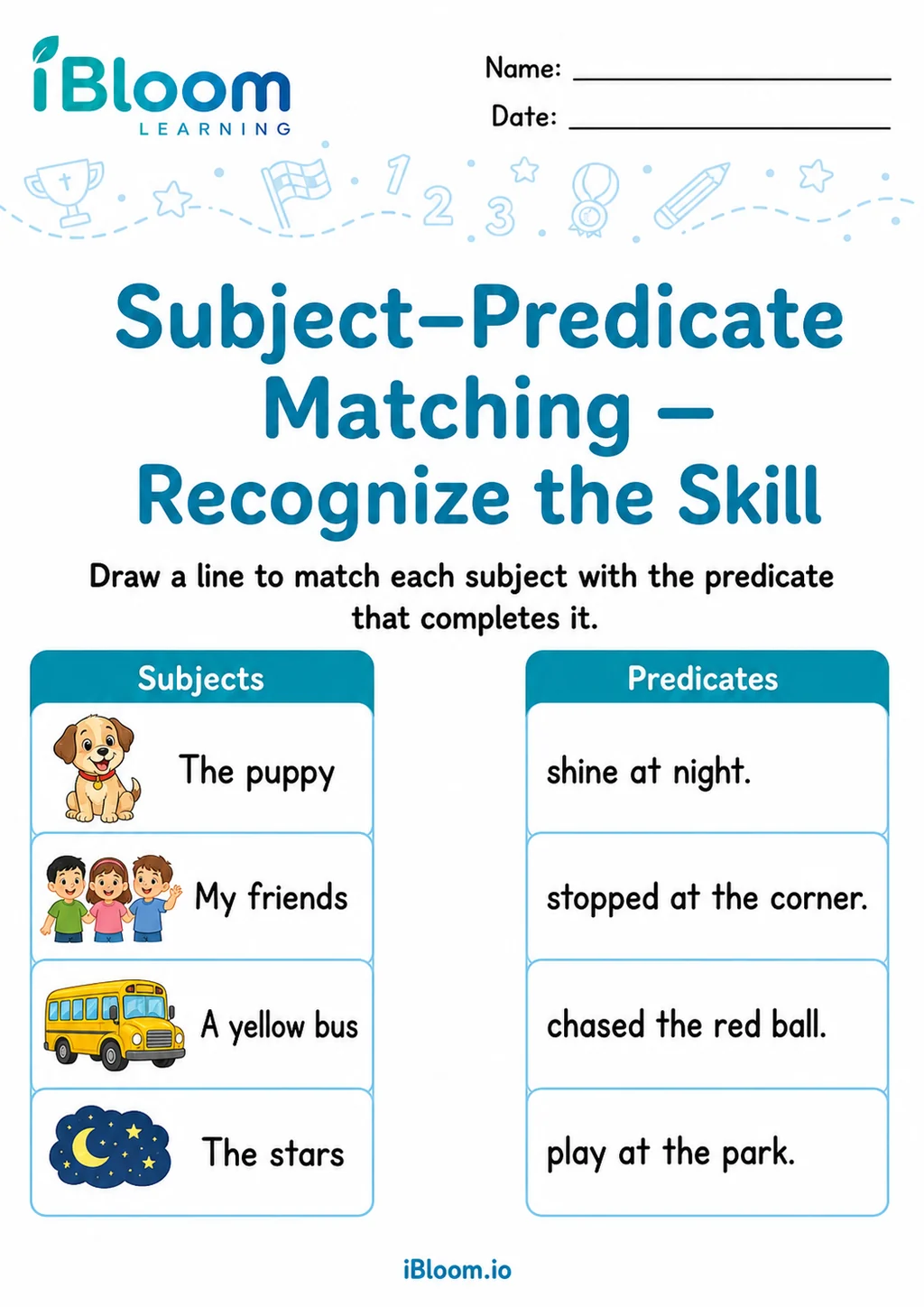 Subject Predicate Matching — Recognize the Skill printable Grade 2 worksheet preview