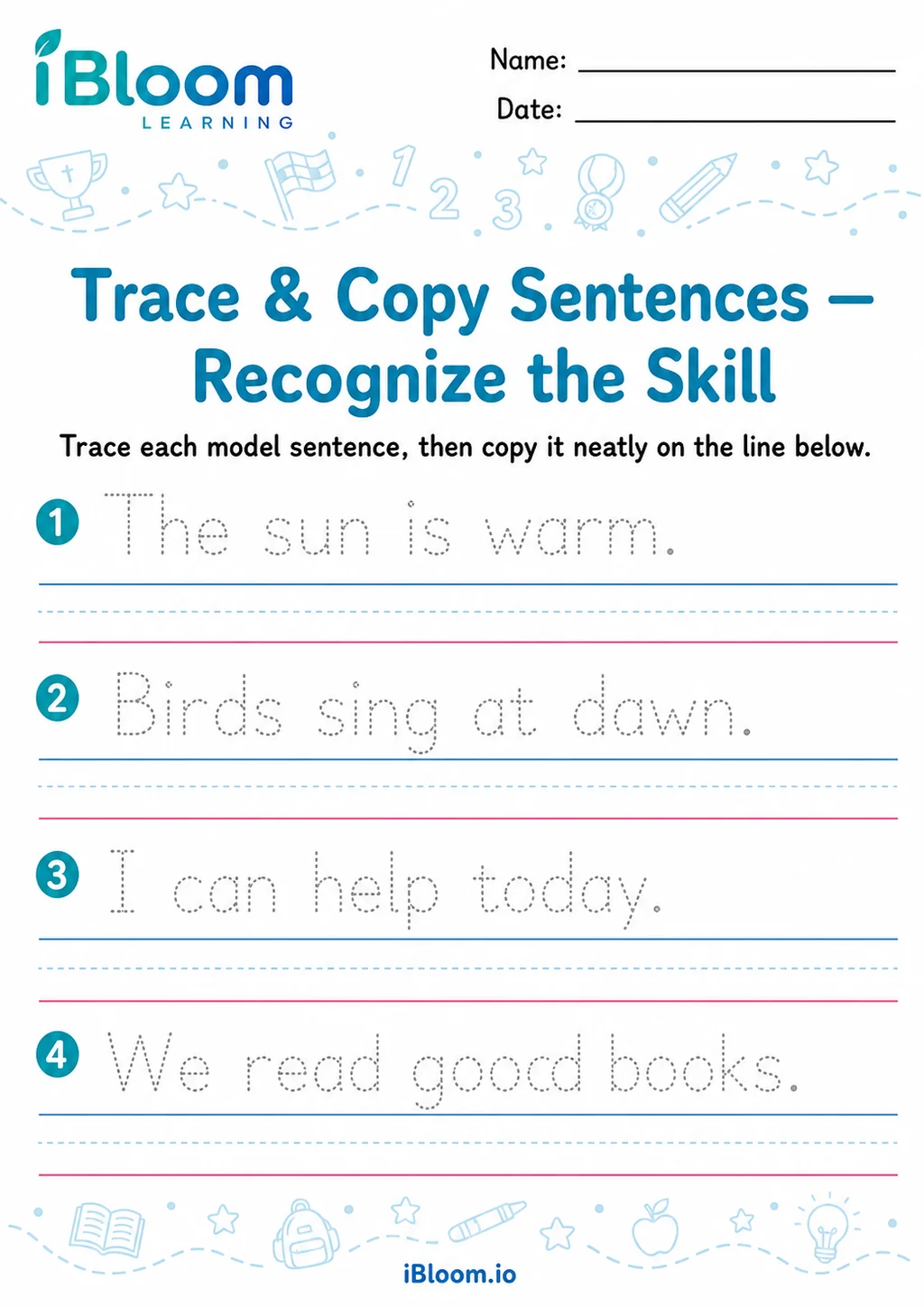 Preview page 1 of Trace Copy Sentences — Recognize the Skill
