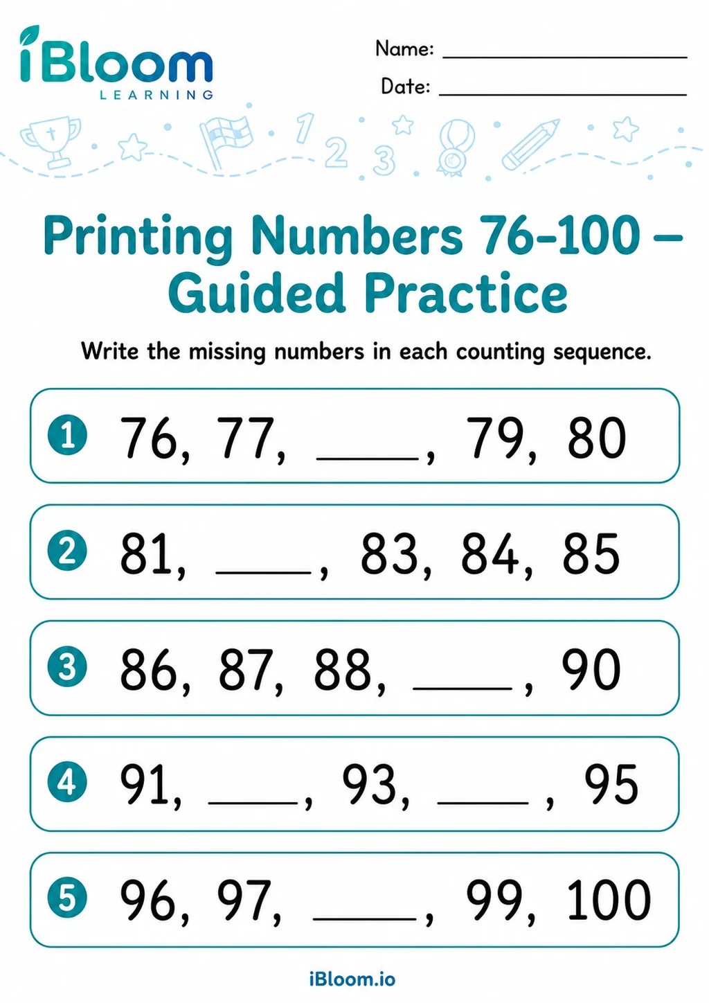 Preview of Printing Numbers 76–100 — Guided Practice worksheet