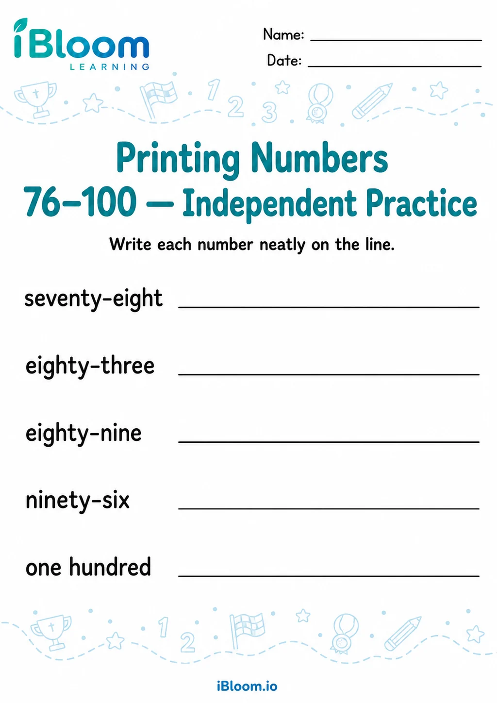 Preview page 1 of Printing Numbers 76–100 — Independent Practice