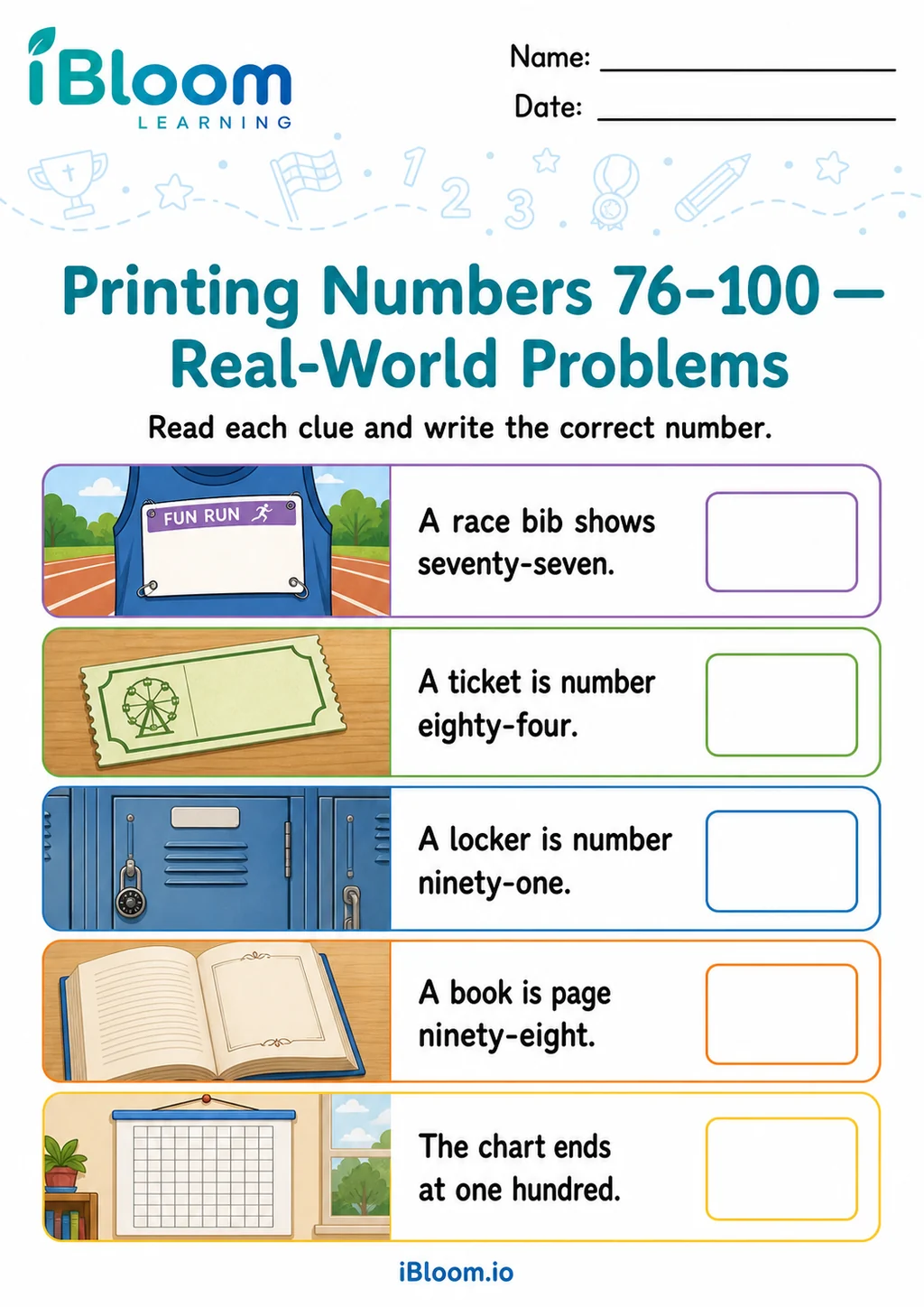 Preview page 1 of Printing Numbers 76–100 — Real-World Problems